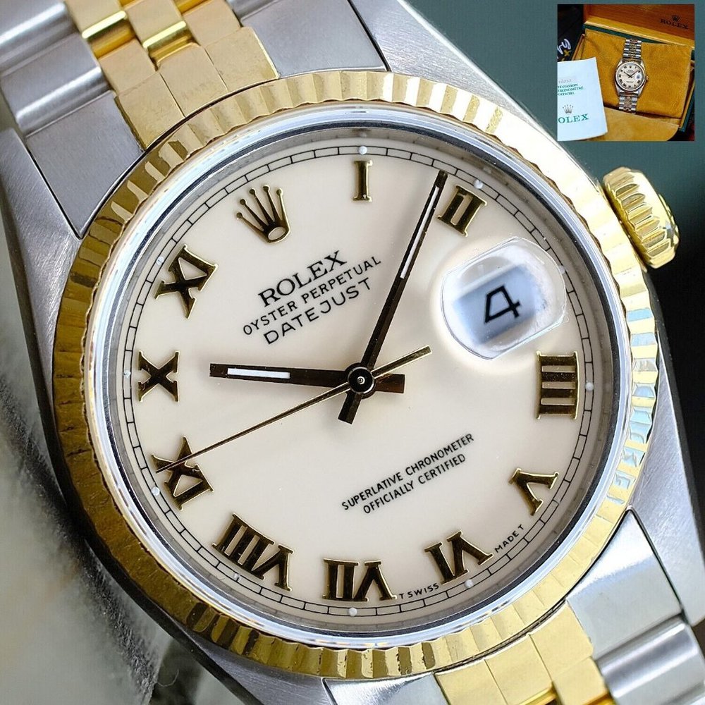 ROLEX MENS DATEJUST WATCH GOLD STEEL CREAM ROMAN DIAL FLUTED 36MM W/BOX &PAPERS